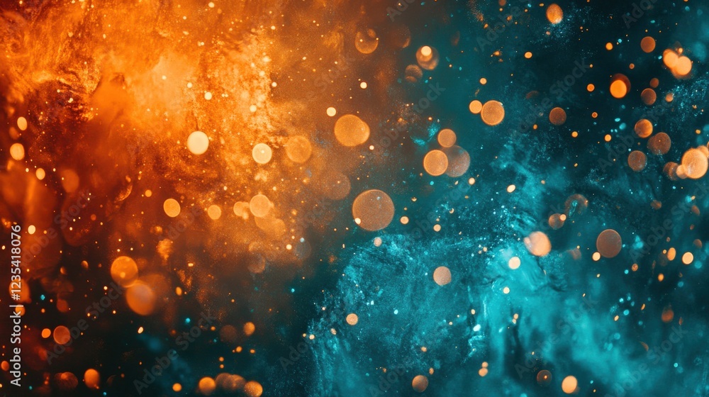 Poster Abstract Orange And Teal Bokeh Background With Glittering Particles