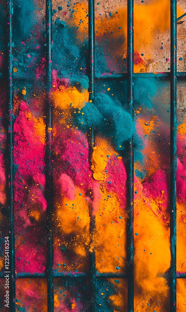 Poster colorful powder exploding behind a grid, creating a vibrant abstract art piece, ideal for background