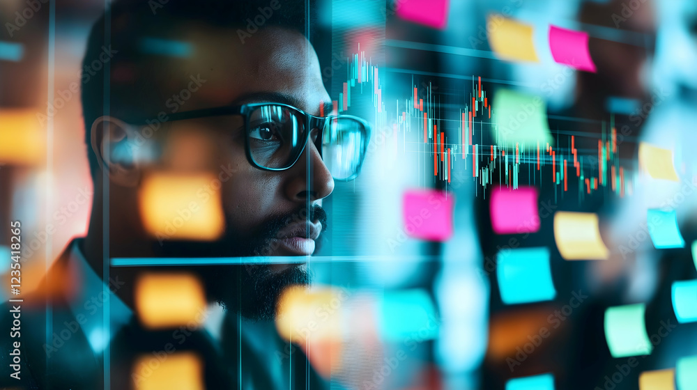 Poster a focused individual analyzes data visualizations on a screen, surrounded by colorful sticky notes a
