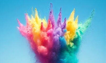 Obraz premium Colorful powder explosion against blue sky, ideal for vibrant backgrounds
