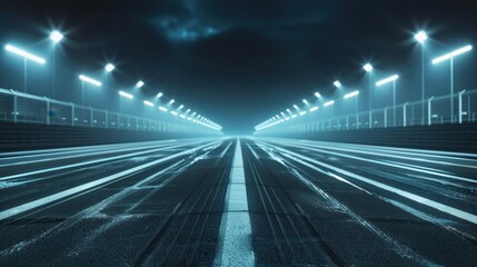 futuristic road illuminated by bright lights, reflecting on wet pavement, creates dramatic atmosphere. scene evokes sense of speed and anticipation