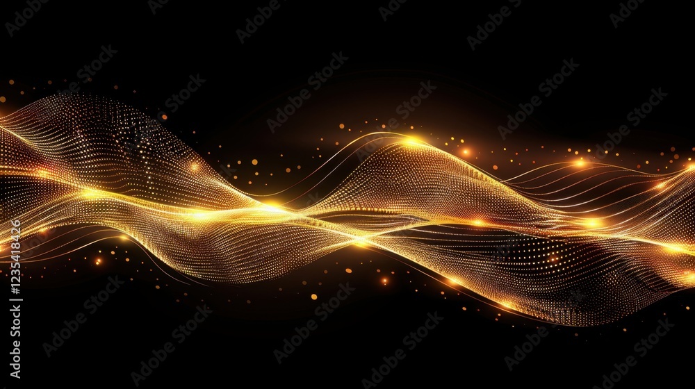 Poster golden wave pattern with glowing lights and sparkles on black background, creating sense of elegance
