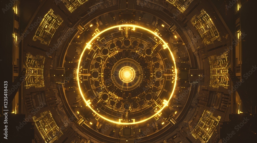 Poster futuristic circular design with glowing golden patterns and intricate details, creating high tech at