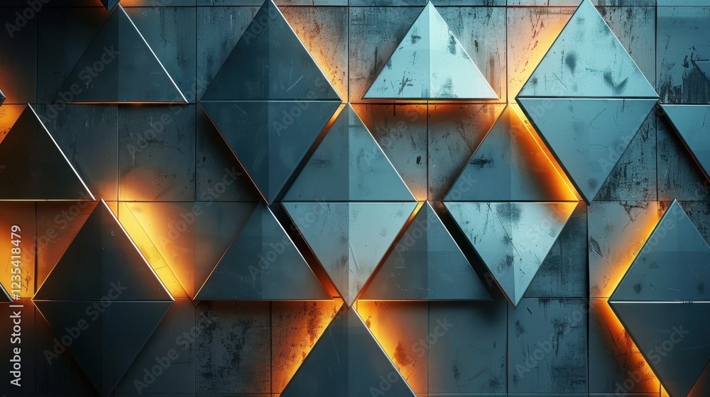 Poster modern geometric wall design with illuminated triangular patterns, showcasing blend of metal texture