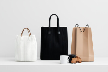 Three stylish bags are displayed on minimalist white surface, featuring white knitted bag, black textured bag, and beige paper bag, accompanied by white mug and autumn leaves