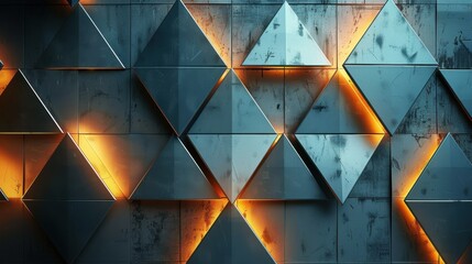 Modern geometric wall design with illuminated triangular patterns, showcasing blend of metal textures and warm lighting