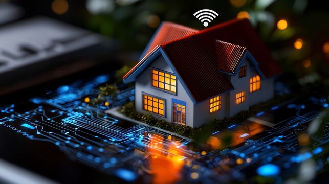 Futuristic Smart Home Model with Red Roof and Blue Windows on Digital Display - Powered by Adobe