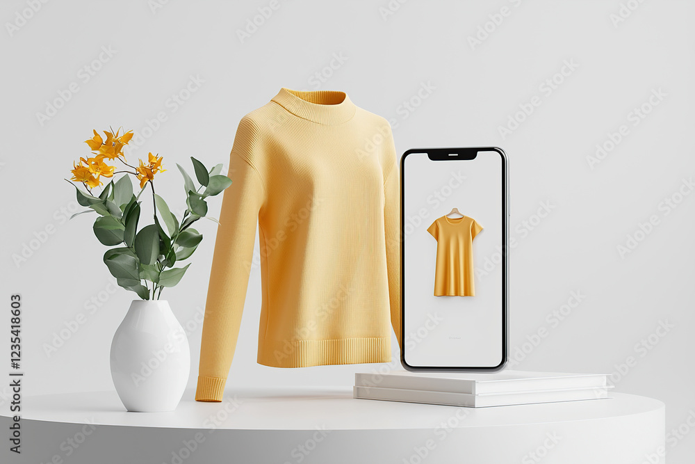 Poster yellow sweater is displayed on white table with smartphone showing same sweater, next to vase with y