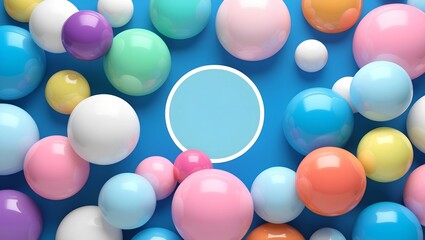 Abstract Colorful Circles on a Blue Background. Vibrant 3D Spheres with Soft Gradient Effects. Floating Multicolored Bubbles in a Modern Design. Playful Abstract Shapes with a Futuristic Look.