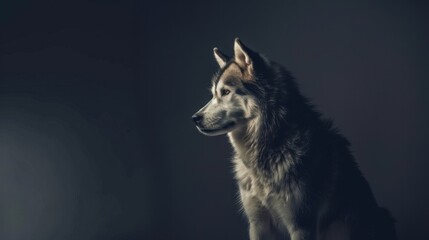 majestic husky dog in profile, showcasing its striking features and fur against dark background, exuding sense of calm and strength