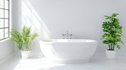 Fototapeta premium Modern white freestanding bathtub stands in a bright minimalist bathroom flanked by green potted plants under natural sunlight.