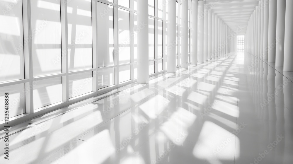Poster bright, modern corridor with white walls and large windows casting shadows. clean lines and reflecti