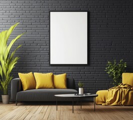 A modern living room featuring a black brick wall, a comfortable grey sofa with yellow cushions, a coffee table, and plants, creating a stylish and inviting atmosphere.