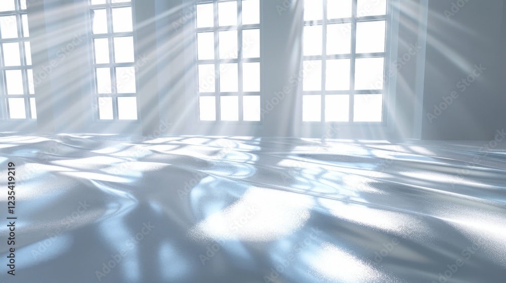Poster bright sunlight streams through large windows, creating serene atmosphere with soft reflections on f
