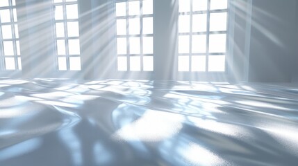 Bright sunlight streams through large windows, creating serene atmosphere with soft reflections on floor. light enhances tranquil space, inviting calmness and creativity