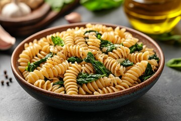 Spinach pasta dish, kitchen setting, healthy meal, food photography, recipe illustration