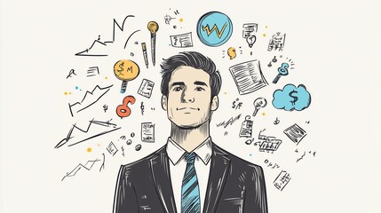 A man with business icons illustrations around him, portraying brainstorming and idea generation process