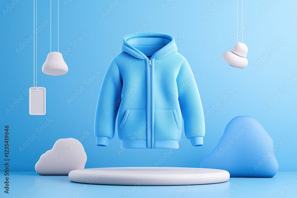 Poster blue fleece jacket is suspended in minimalist setting with abstract shapes and soft blue background,