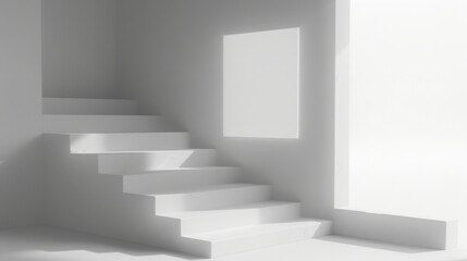 Minimalist interior with white stairs and wall, creating serene atmosphere. clean lines and soft light enhance modern design