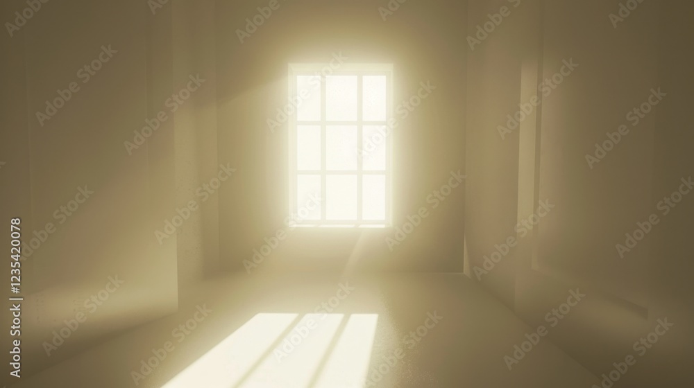 Poster bright, minimalistic interior with soft light streaming through window, creating serene atmosphere. 