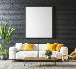 A modern living room featuring a white couch, yellow cushions, a wooden coffee table, and a large blank wall for artwork, complemented by greenery.