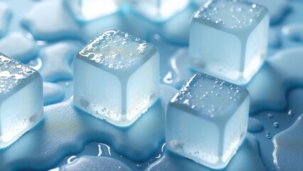 Melting ice cubes with snow on a reflective wet surface in cool lighting	