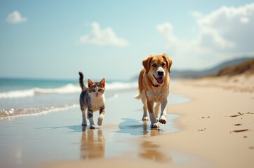 A dog and cat walking on the beach
