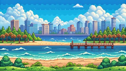 Pixelated Metropolis Coastal View Serene Beachscape with City Skyline and Wooden Pier