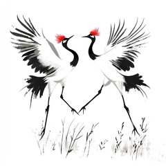 Obraz premium Two Red Crested Cranes Dance Gracefully Above Grass