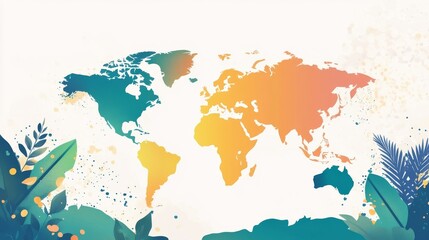 Obraz premium World Map Surrounded by Tropical Leaves and Gradient Colors