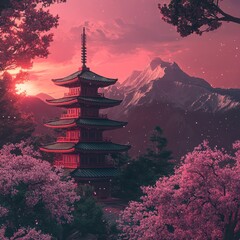 Fototapeta premium Serene Pagoda Sunset Amidst Cherry Blossoms and Mountains