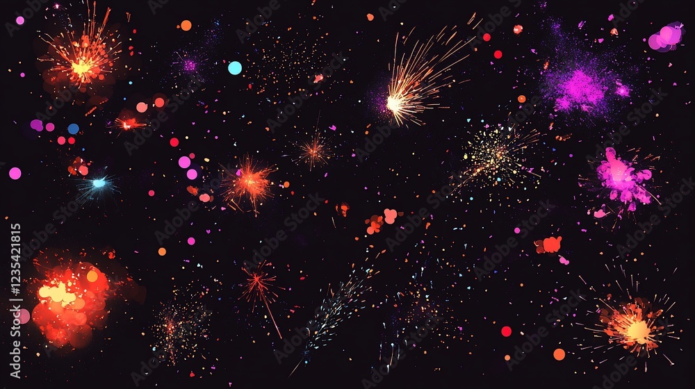 Poster vibrant explosion of fireworks and sparkles against a dark background with bokeh circles