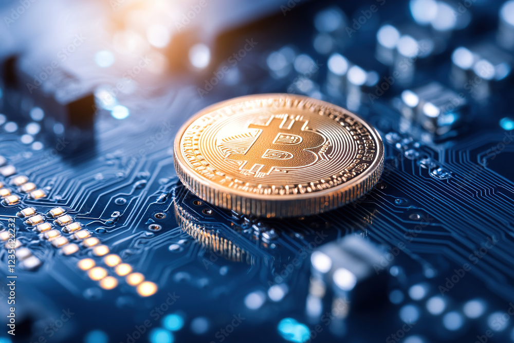 Poster bitcoin coin rests on computer motherboard, symbolizing digital currency and blockchain technology. 