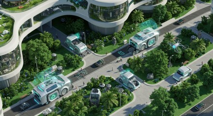 Fototapeta premium Eco-Cityscape: Futuristic urban design integrating nature seamlessly. Autonomous vehicles navigate tree-lined streets.