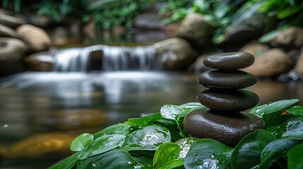 Tranquil Zen Garden with Stacked Stones and Gentle Waterfall Background