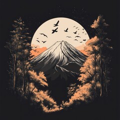 Majestic Mount Fuji Moonlit Night Scene With Birds Flying