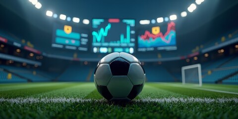 A soccer ball on a field, with a stadium in the background