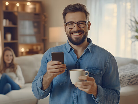 Freelancer exitoso trabajando desde casa, revisando correos electr&oacute;nicos, gestionando redes sociales y manejando comunicaci&oacute;n empresarial en l&iacute;nea mientras se relaja con caf&eacute;