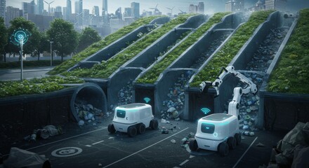 Automated Waste Management System: Futuristic city landscape with automated vehicles efficiently collecting and transporting waste through a sophisticated.