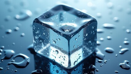 Single melting ice cube with water droplets on a reflective wet surface	