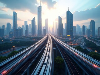 Obraz premium A futuristic cityscape with a sleek, high-tech train system