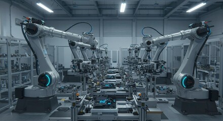 Automated Precision:  A mesmerizing glimpse into the future of manufacturing, featuring a line of advanced robotic arms meticulously working in a sterile, futuristic industrial setting.