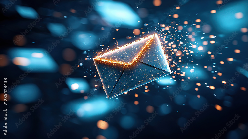 Aufkleber glowing envelope icon surrounded by digital particles symbolizes email marketing in futuristic digit
