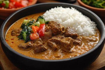 Beef curry rice bowl, vegetables, close-up