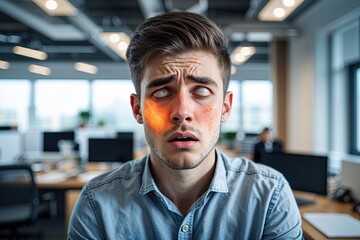 Obraz premium Young Man Experiencing Allergy Symptoms and Irritation in a Modern Office Setting