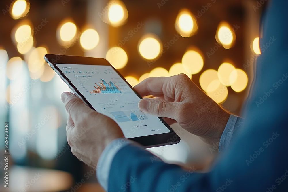 Poster person in suit is using tablet to analyze data charts in modern office with warm lighting, focusing 