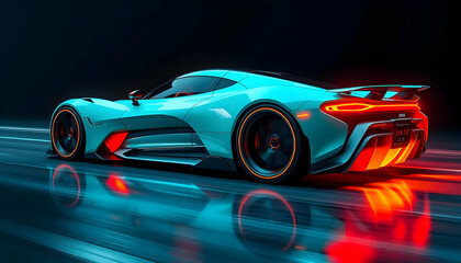 Futuristic hypercar, neon blue and orange glow, sleek aerodynamic design, high-tech sports car, night racing scene, reflective wet road surface, dramatic lighting, cyberpunk aesthetic, motion blur, gl
