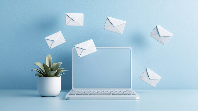 laptop on blue desk with floating envelopes symbolizes email marketing. potted plant adds touch of nature to modern digital workspace, creating balanced and inviting atmosphere