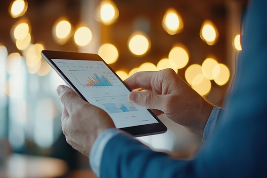 person in suit is using tablet to analyze data charts in modern office with warm lighting, focusing on high tech dashboards for tracking marketing spend and campaign performance