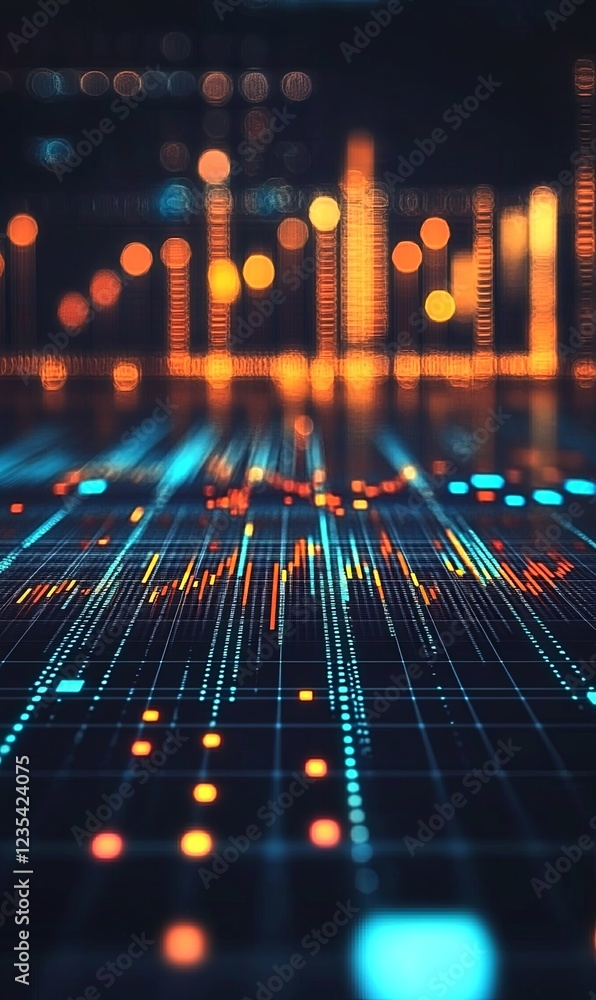 Poster digital data grid with glowing lines and city lights bokeh background, for tech or finance
